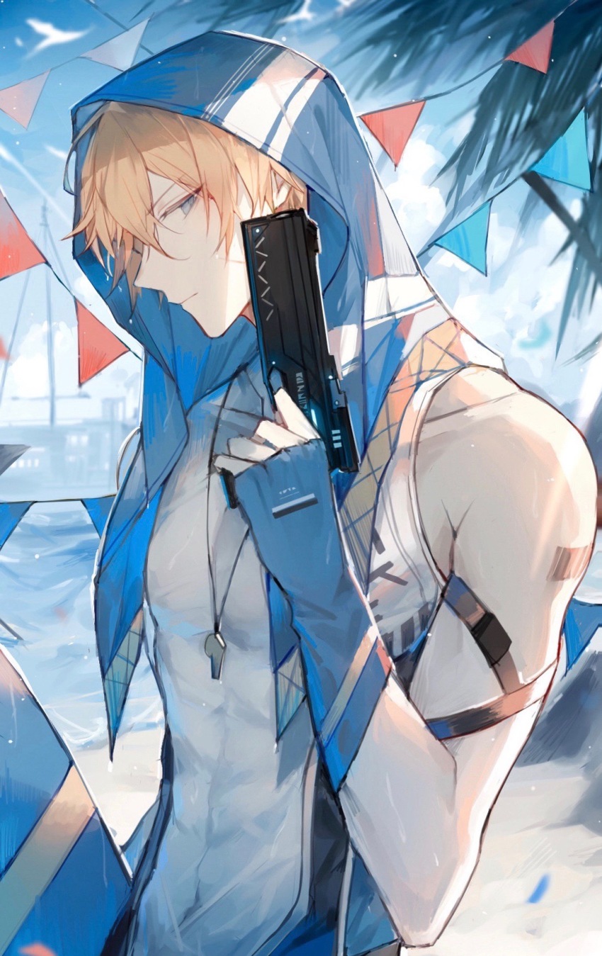 1boy, arm_garter, barcode, barcode_tattoo, bare_shoulders, beach, bird, blonde_hair