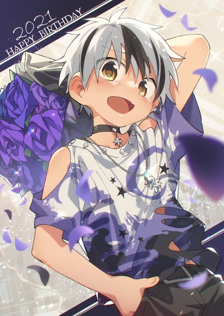 1boy, 2021, bad_id, bad_twitter_id, belt, black_hair, black_pants, bouquet