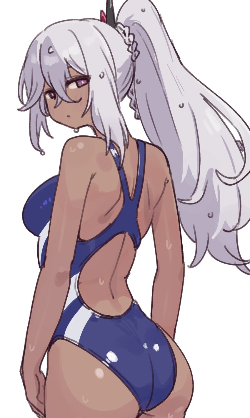 1girl, absurdres, alternate_costume, ass, blue_one-piece_swimsuit, breasts, closed_mouth, commentary_request