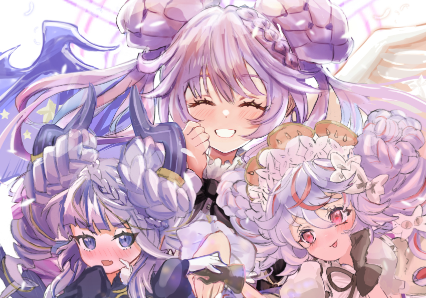 3girls, angel_and_devil, angel_wings, angello_vaalmonica, black_gloves, blush, braid, clenched_teeth