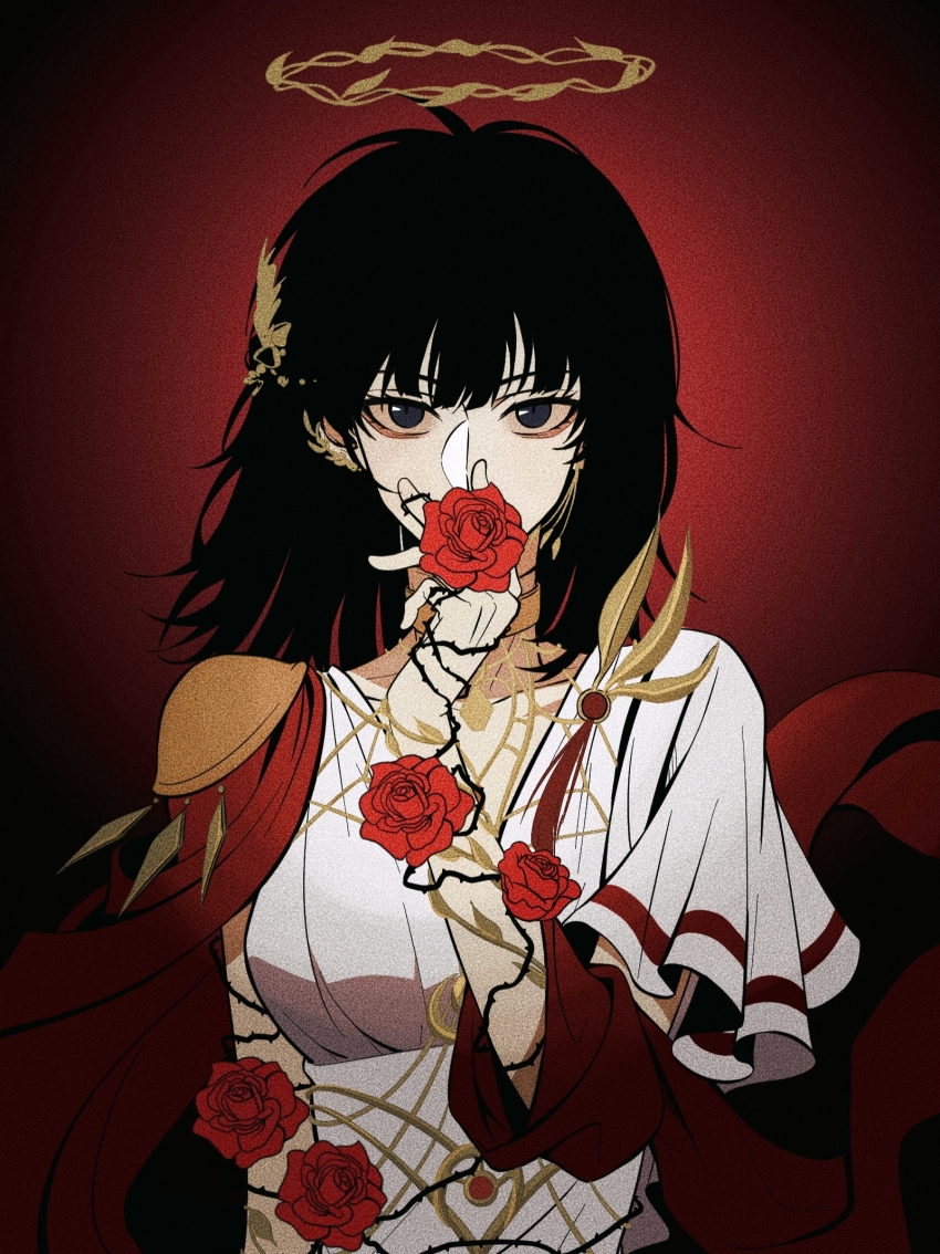 1girl, alternate_universe, ancient_greek_clothes, armor, black_eyes, black_hair, blunt_bangs, breasts