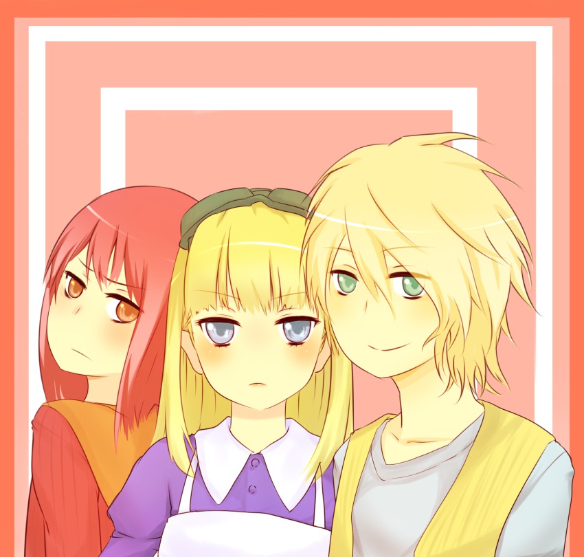 1girl, 2boys, apron, blonde_hair, blue_eyes, fiamma_of_the_right, goggles, goggles_on_head, green_eyes, highres, i.u.y, long_hair, maid, maid_apron, multiple_boys, ollerus, red_eyes, red_hair, silvia_(toaru_majutsu_no_index), sylvia_(to_aru_majutsu_no_index), toaru_majutsu_no_index