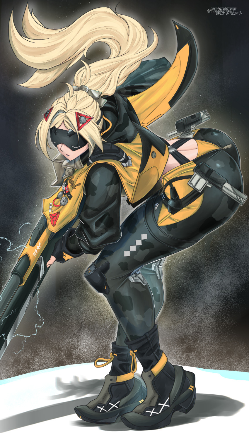 1girl, absurdres, ass, black_gloves, black_pants, blindfold_mask, blonde_hair, camouflage