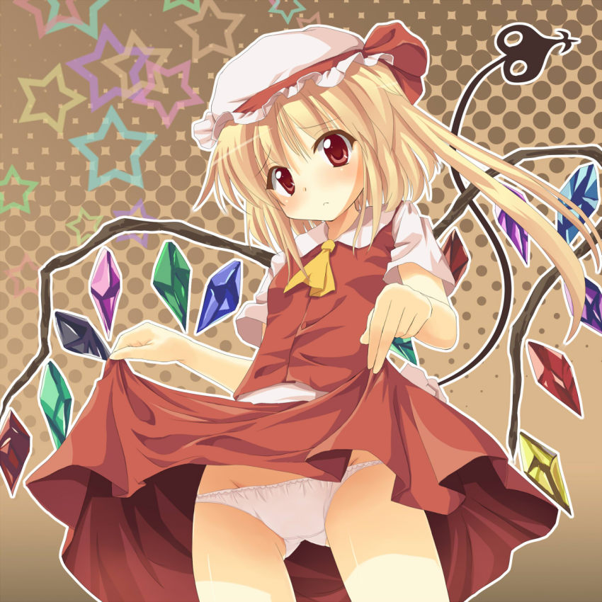 1girl, bad_id, bad_pixiv_id, blonde_hair, blush, clothes_lift, embodiment_of_scarlet_devil, female_focus, flandre_scarlet, francis_de_lariatte, groin, hat, highres, panties, pantyshot, red_eyes, short_hair, side_ponytail, skirt, skirt_lift, solo, touhou, underwear, upskirt, white_panties, wings