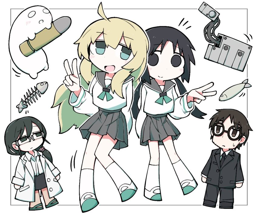 1boy, 3girls, :d, ahoge, aqua_eyes, black_eyes, black_hair, black_necktie