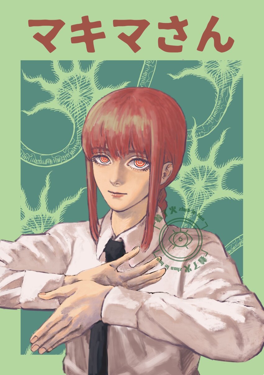 1girl, black_necktie, braid, chainsaw_man, character_name, collared_shirt, green_background, highres