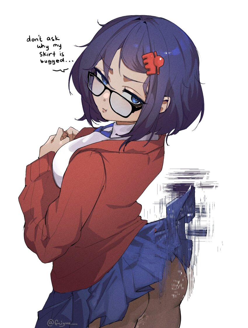 1girl, :t, artist_name, ass, black-framed_eyewear, black_pantyhose, blue_eyes, blue_hair, blue_neckerchief, blue_skirt, breasts, cardigan, claw_hair_clip, closed_mouth, clothes_lift, commentary, english_text, feiyuu, glitch, hairclip, hashtag-only_commentary, highres, large_breasts, long_sleeves, looking_at_viewer, looking_back, mila_(miside), miniskirt, miside, mita_(miside), neckerchief, pantyhose, pleated_skirt, pout, red_cardigan, shirt, short_hair, simple_background, skirt, skirt_lift, solo, twitter_username, v-shaped_eyebrows, white_background, white_shirt