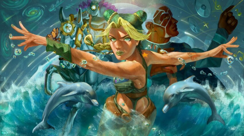 1boy, 1girl, 1other, arm_tattoo, asymmetrical_bangs, birthmark, black_robe, blonde_hair