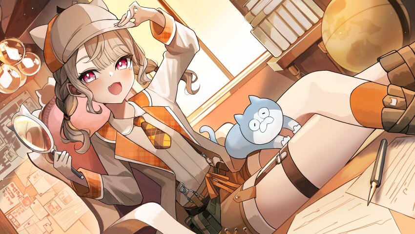 1girl, absurdres, blonde_hair, blush, book, cat, facial_mark, fang