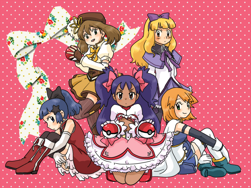 1boy, 4girls, akemi_homura, akemi_homura_(cosplay), akemi_homura_(magical_girl), alternate_costume, alternate_headwear, ash_ketchum, ashley_(pokemon), bad_id, bad_pixiv_id, child, cosplay, crossdressing, dawn_(pokemon), holding, holding_poke_ball, iris_(pokemon), kaname_madoka, kaname_madoka_(cosplay), kaname_madoka_(magical_girl), kurumi_(forte), mahou_shoujo_madoka_magica, mahou_shoujo_madoka_magica_(anime), may_(pokemon), miki_sayaka, miki_sayaka_(cosplay), miki_sayaka_(magical_girl), misty_(pokemon), multiple_girls, nintendo, pantyhose, poke_ball, poke_ball_(basic), pokemon, pokemon_(anime), pokemon_(classic_anime), pokemon_the_series:_black_&amp;_white, pokemon_the_series:_diamond_and_pearl, pokemon_the_series:_ruby_and_sapphire, ponytail, sakura_kyoko, sakura_kyoko_(cosplay), sakura_kyoko_(magical_girl), thighhighs, tomoe_mami, tomoe_mami_(cosplay), tomoe_mami_(magical_girl), trap, two_side_up, voice_actor_connection, yuuki_aoi