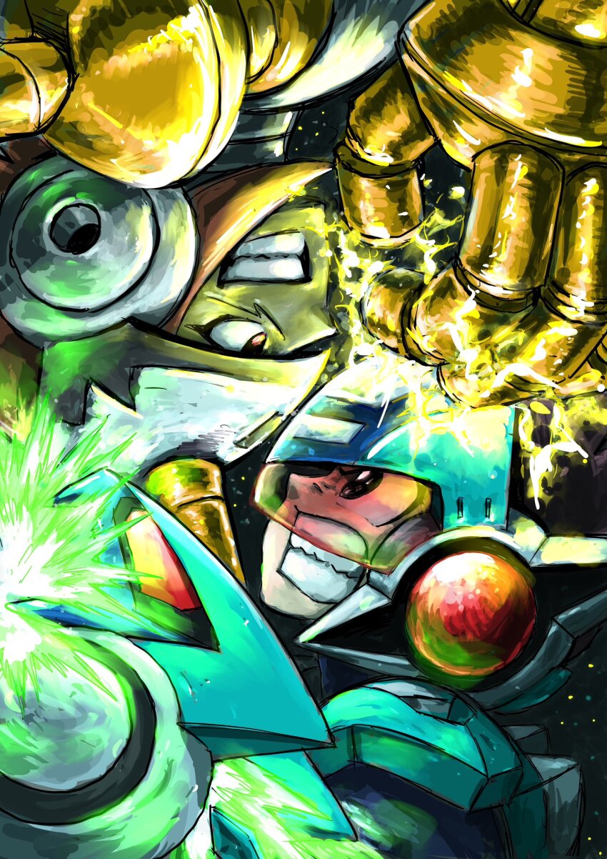 2boys, arm_cannon, blue_helmet, clenched_teeth, close-up, electricity, gemini_spark_(mega_man), geo_stelar_(mega_man), helmet, highres, itagaki_masaya, looking_at_another, male_focus, mega_man_(series), mega_man_star_force_(series), multiple_boys, rotational_symmetry, star_force_mega_man, teeth, weapon