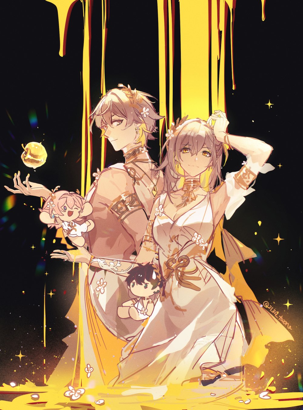 2134twone, 2boys, 2girls, ancient_greek_clothes, apple, arm_up, black_background, caelus_(honkai:_star_rail)