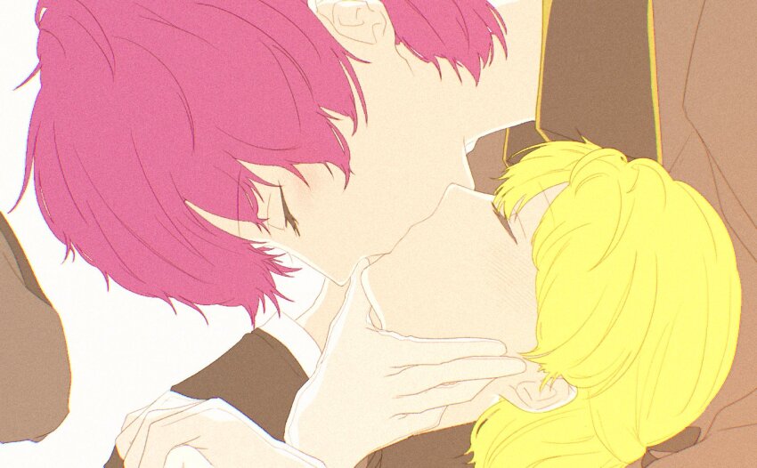 2girls, blonde_hair, blush, collared_shirt, hat, heaven_burns_red, kiss, long_sleeves, m0sa_4, multiple_girls, nanase_nanami_(heaven_burns_red), purple_hair, shirt, short_hair, tezuka_saki, yuri