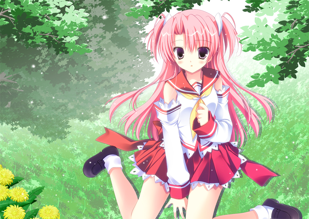 1girl, a.g.ii.d.c._~rpg_gakuen_2.0_circus_shijou_saidai_no_kiki!?~, bare_shoulders, circus_(studio), detached_sleeves, female_focus, flower, grass