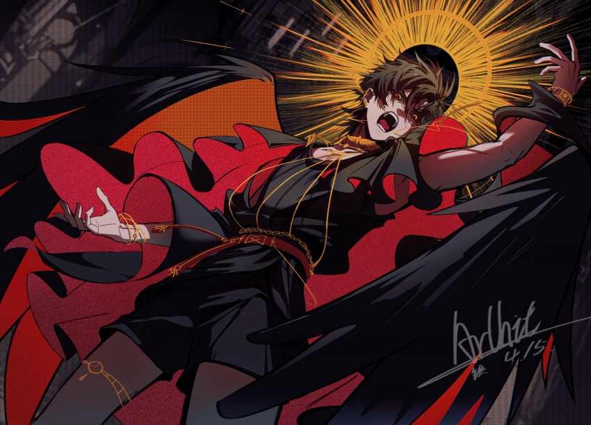 1boy, ancient_greek_clothes, angel, angel_wings, artist_name, black_cape, black_hair, black_shirt