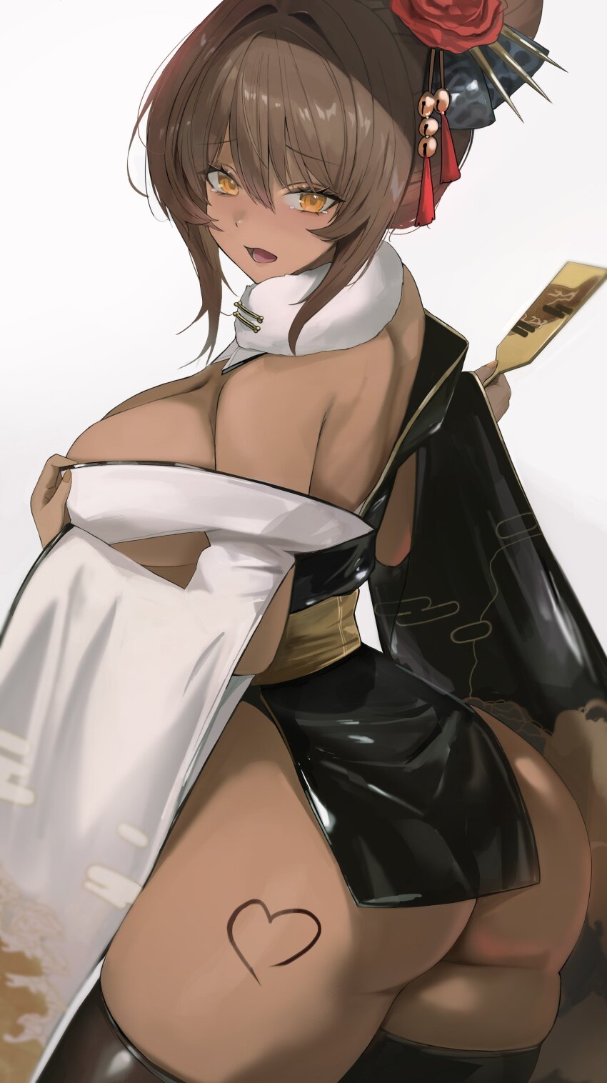 1girl, absurdres, ass, black_kimono, dark-skinned_female, dark_skin, from_behind, fur_collar