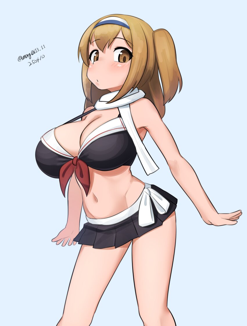 1girl, absurdres, aqua_background, bikini, bikini_skirt, black_bikini, black_skirt, breasts, brown_eyes, brown_hair, cleavage, cosplay, dated, feet_out_of_frame, front-tie_bikini_top, front-tie_top, hairband, highres, i-26_(kancolle), kantai_collection, large_breasts, long_hair, looking_at_viewer, maru_(marg0613), multicolored_hairband, navel, one-hour_drawing_challenge, scarf, simple_background, skirt, solo, swimsuit, twitter_username, two-tone_hairband, two_side_up, white_scarf, yuudachi_(kancolle), yuudachi_(kancolle)_(cosplay), yuudachi_kai_ni_(kancolle), yuudachi_kai_ni_(kancolle)_(cosplay), yuudachi_kai_ni_(swimsuit)_(kancolle)