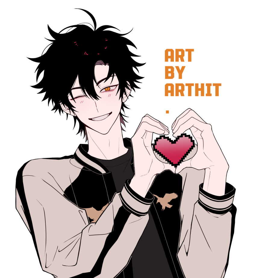 1boy, black_hair, black_jacket, black_shirt, blush, cheng_xiaoshi, english_text, grin