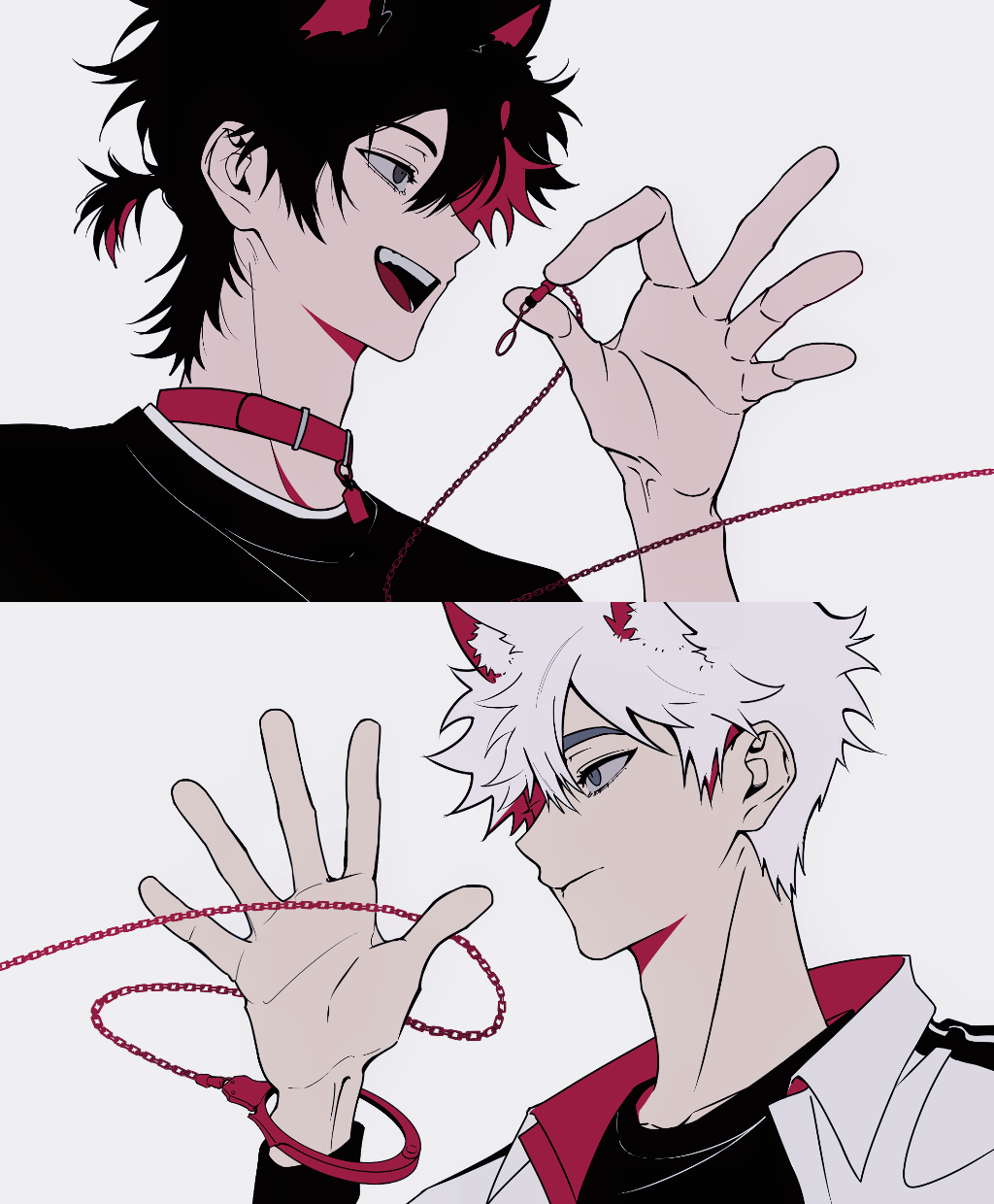 2boys, :d, animal_collar, animal_ear_fluff, animal_ears, black_eyes, black_hair, black_shirt