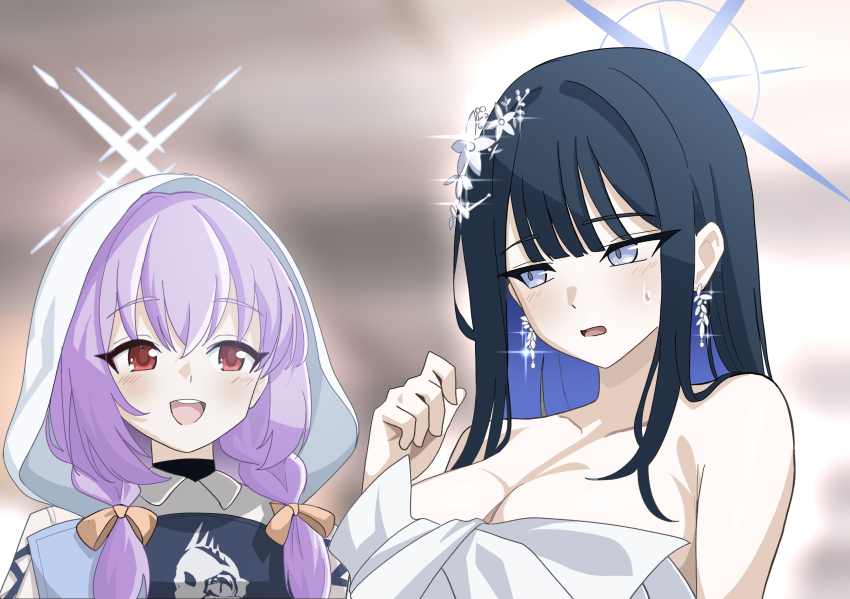 2girls, atsuko_(blue_archive), blue_archive, blue_eyes, blue_hair, blue_halo, breasts, colored_inner_hair