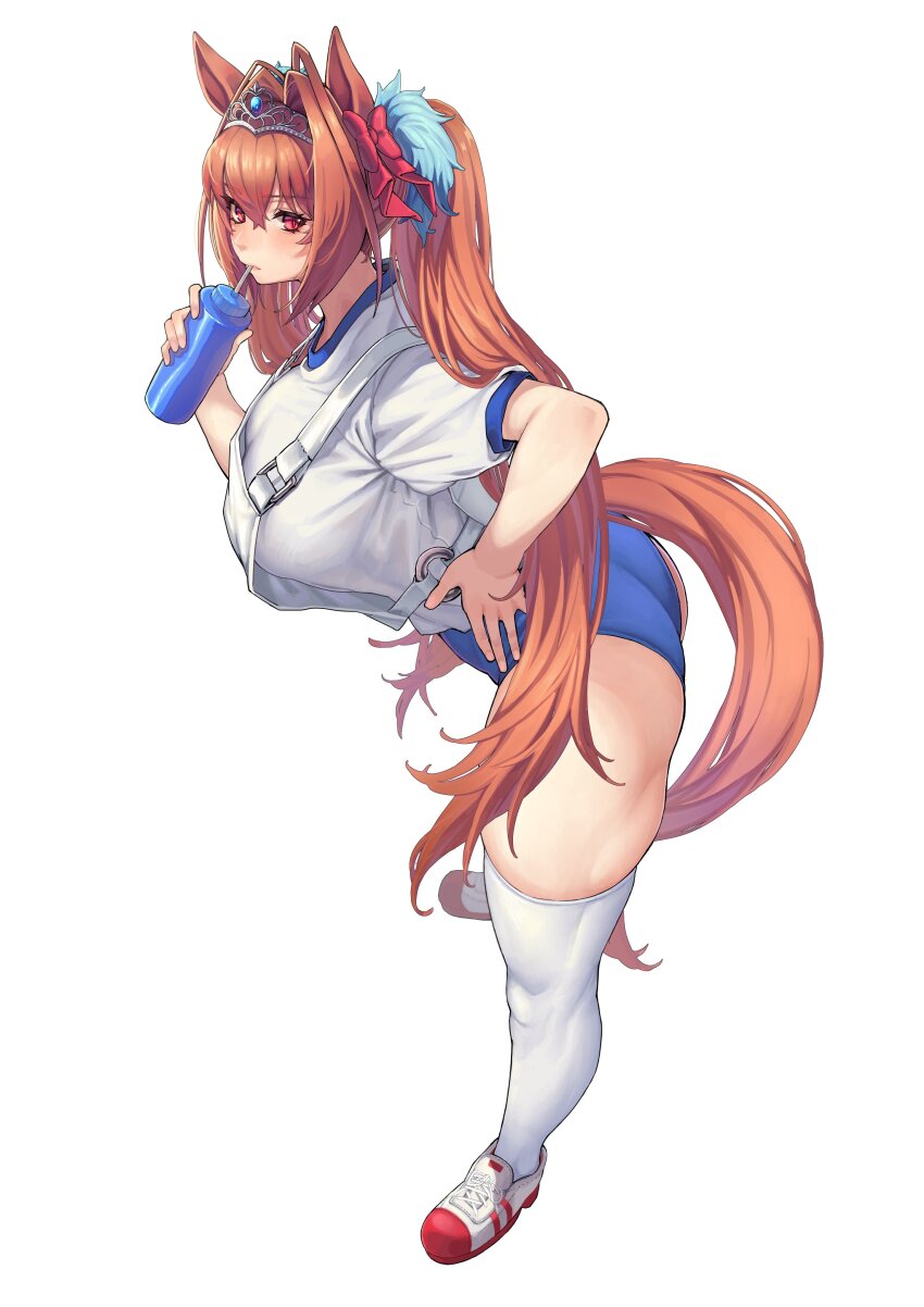 1girl, absurdres, animal_ears, blue_buruma, breasts, brown_hair, buruma, cup