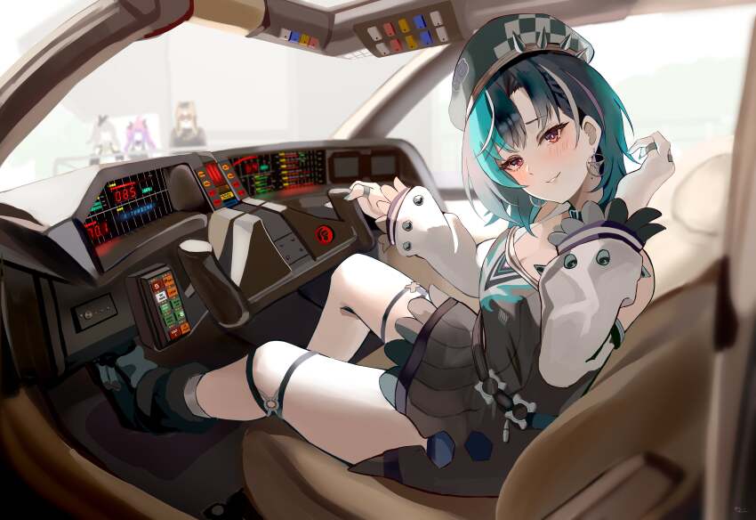 4girls, absurdres, belt, black_belt, black_dress, car, car_interior, control_yoke