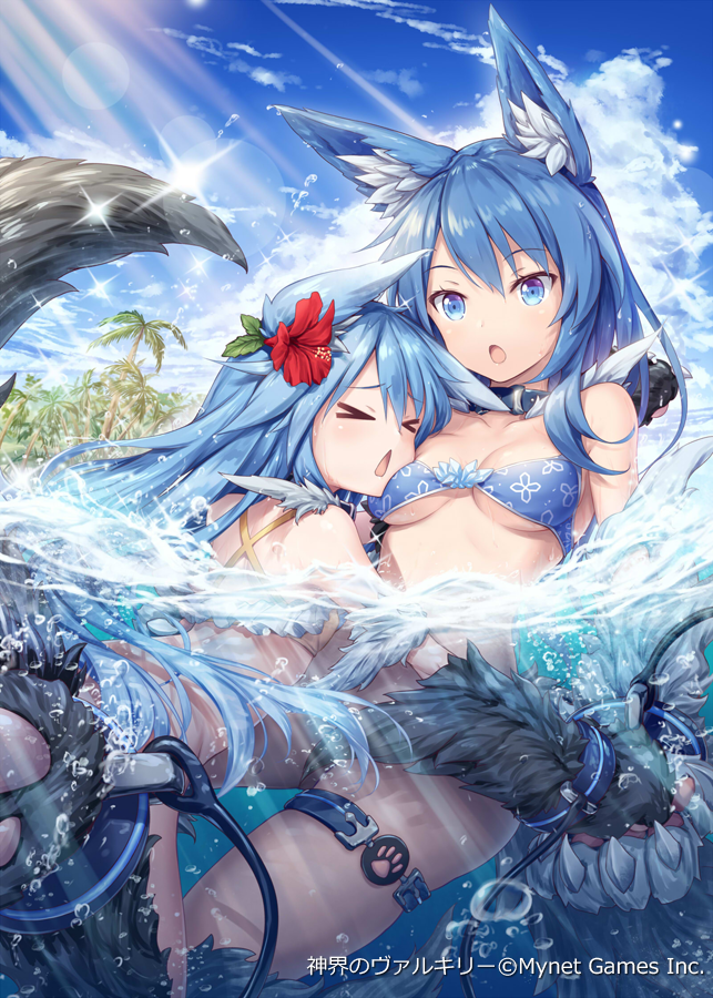 >_<, 2girls, :o, akkijin, animal_ears, back, beach, bikini