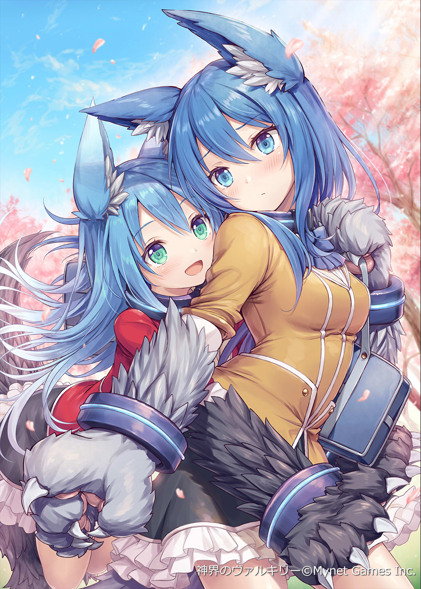 2girls, akkijin, animal_ears, ass, blue_eyes, blue_hair, closed_eyes, fang