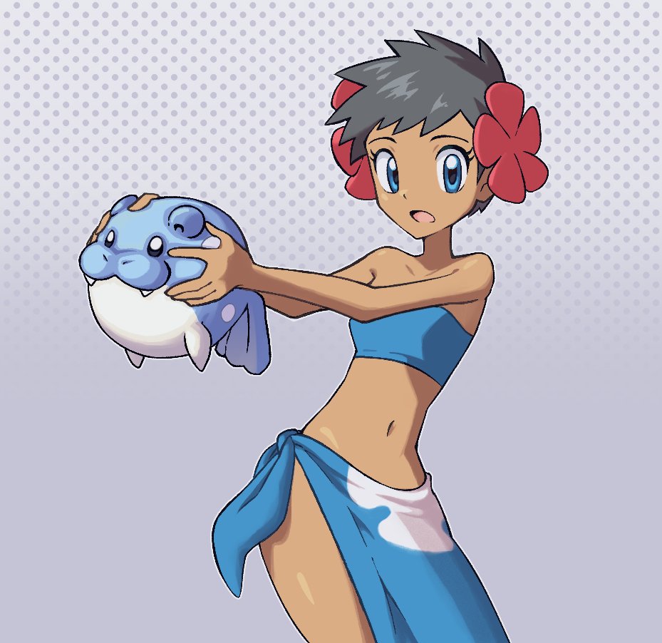 1girl, 22z3r0, bare_arms, black_hair, blue_eyes, blue_sarong, dark-skinned_female, dark_skin