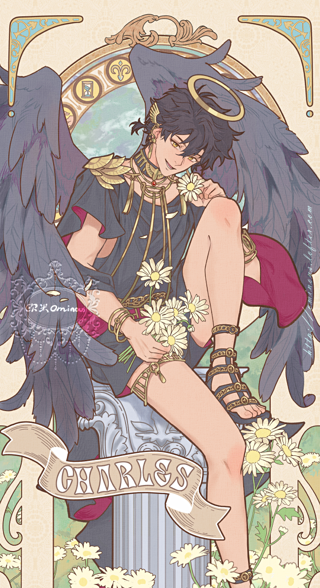 1boy, ancient_greek_clothes, angel, angel_wings, artist_name, black_cape, black_hair, black_shirt, black_shorts, black_wings, bracelet, cape, chain, character_name, cheng_xiaoshi, cheng_xiaoshi_(angel), column, earrings, english_text, feathered_wings, flower, gladiator_sandals, greco-roman_clothes, halo, holding, holding_flower, jewelry, knee_up, looking_at_viewer, male_focus, necklace, official_alternate_costume, ominous, pillar, sandals, shiguang_dailiren, shirt, short_hair, short_sleeves, shorts, sitting, smile, solo, traditional_halo, watermark, white_flower, wings, yellow_eyes