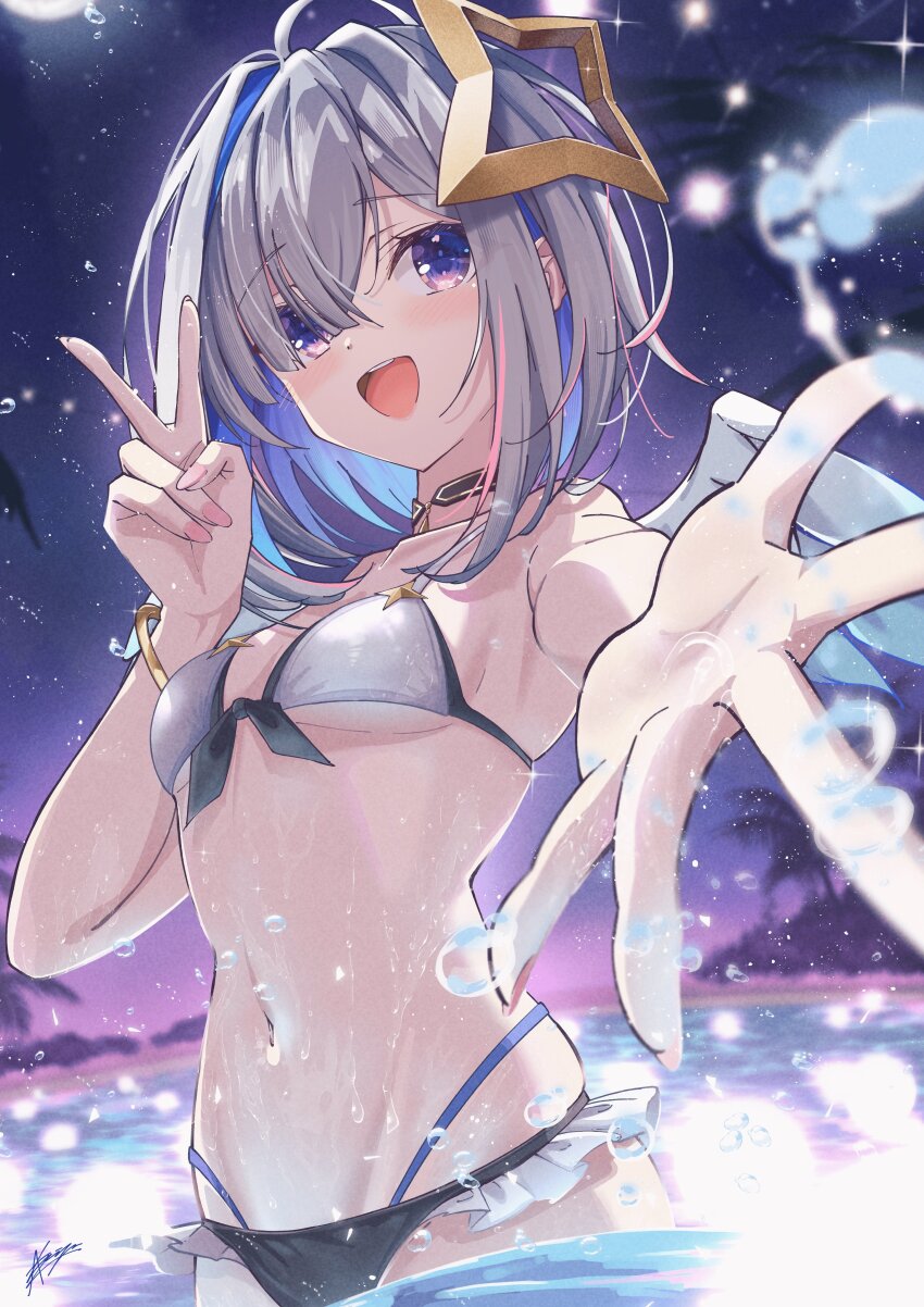 1girl, absurdres, akichazuke, amane_kanata, bikini, black_bikini, blue_hair, breasts, cowboy_shot, grey_hair, halo, highres, hololive, moon, multicolored_hair, night, partially_submerged, small_breasts, solo, star_halo, string_bikini, swimsuit, two-tone_hair, v, virtual_youtuber, white_bikini, white_wings, wings