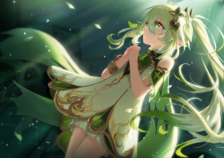 1girl, bare_shoulders, bracelet, cape, closed_mouth, commentary, detached_sleeves, dress