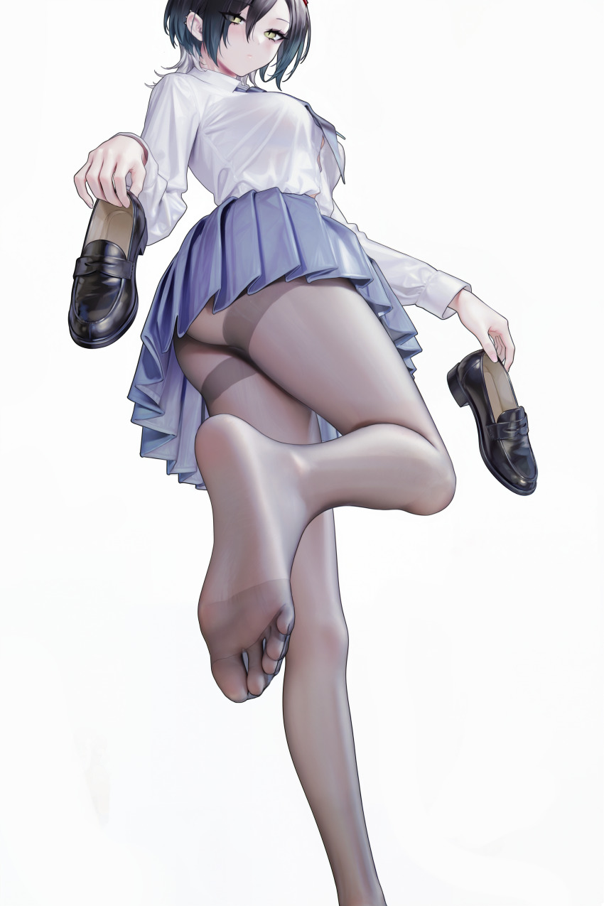 1girl, absurdres, azur_lane, black_hair, feet, highres, holding, holding_shoes, holding_unworn_clothes, loafers, looking_at_viewer, medium_hair, pantyhose, shoes, soles, toes, ulrich_von_hutten_(azur_lane), unworn_shoes, yanagi_(yan-agi), yellow_eyes