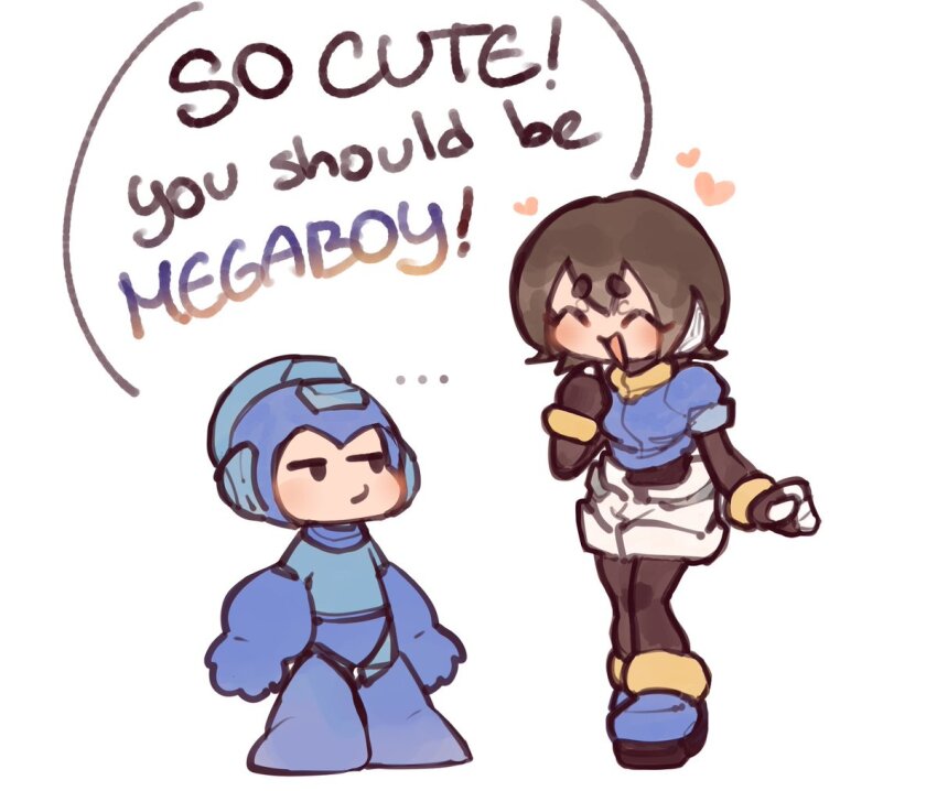 aile_(mega_man_zx), black_bodysuit, blue_helmet, blue_jacket, blush, bodysuit, brown_hair, chibi, closed_eyes, cropped_jacket, ghosty_entity, heart, helmet, in-franchise_crossover, jacket, mega_man_(character), mega_man_(classic), mega_man_(series), mega_man_zx, robot_ears, short_hair, shorts, simple_background, speech_bubble, white_background, white_shorts