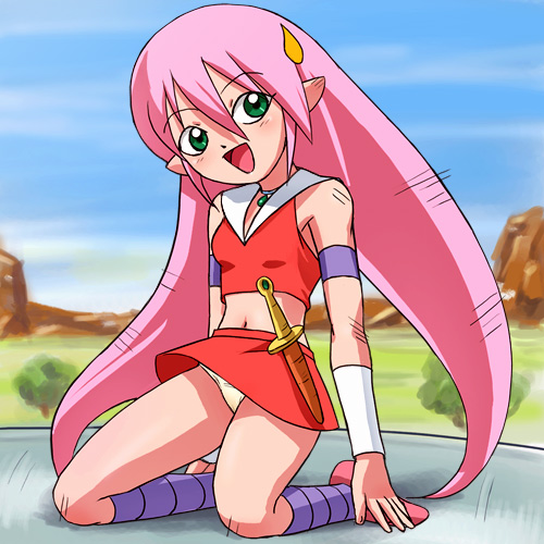 1990s_(style), 1girl, :d, dagger, female_focus, green_eyes, haruyama_kazunori, kneeling, knife, long_hair, lowres, midriff, miniskirt, nature, navel, open_mouth, oto_tachibana, outdoors, panties, pantyshot, pink_hair, red_skirt, retro_artstyle, skirt, smile, solo, underwear, very_long_hair, weapon, yamato_takeru