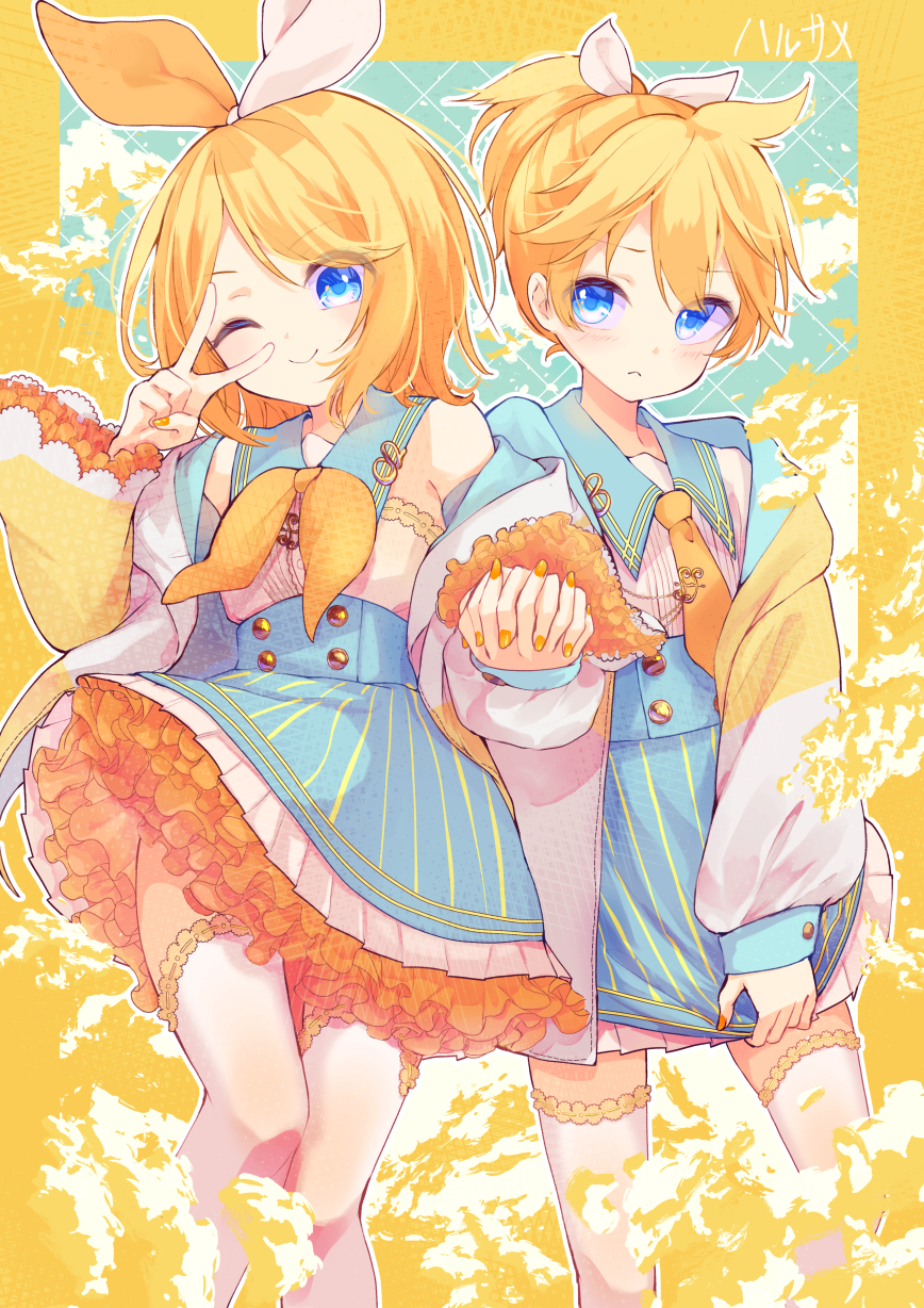 1boy, 1girl, blonde_hair, blue_eyes, bow, brother_and_sister, child, clothes_pull, crossdressing, frilled_skirt, frilled_sleeves, frills, harusamesyota, highres, holding, interlocked_fingers, jacket, kagamine_len, kagamine_rin, neckerchief, necktie, one_eye_closed, orange_nails, ponytail, sailor_collar, shirt, shirt_tucked_in, short_hair, siblings, skirt, skirt_pull, sleeve_cuffs, thighhighs, trap, twins, v, vocaloid, white_bow, white_thighhighs, wink, yellow_neckerchief, yellow_necktie