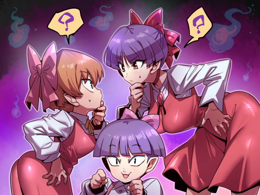 3girls, ?, bow, breasts, brown_hair, choker, closed_mouth, dress