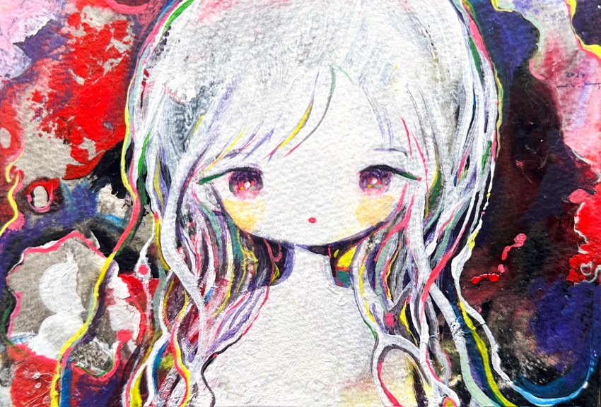 1girl, abstract_background, colored_skin, highres, looking_at_viewer, original, painting_(medium), si-ku