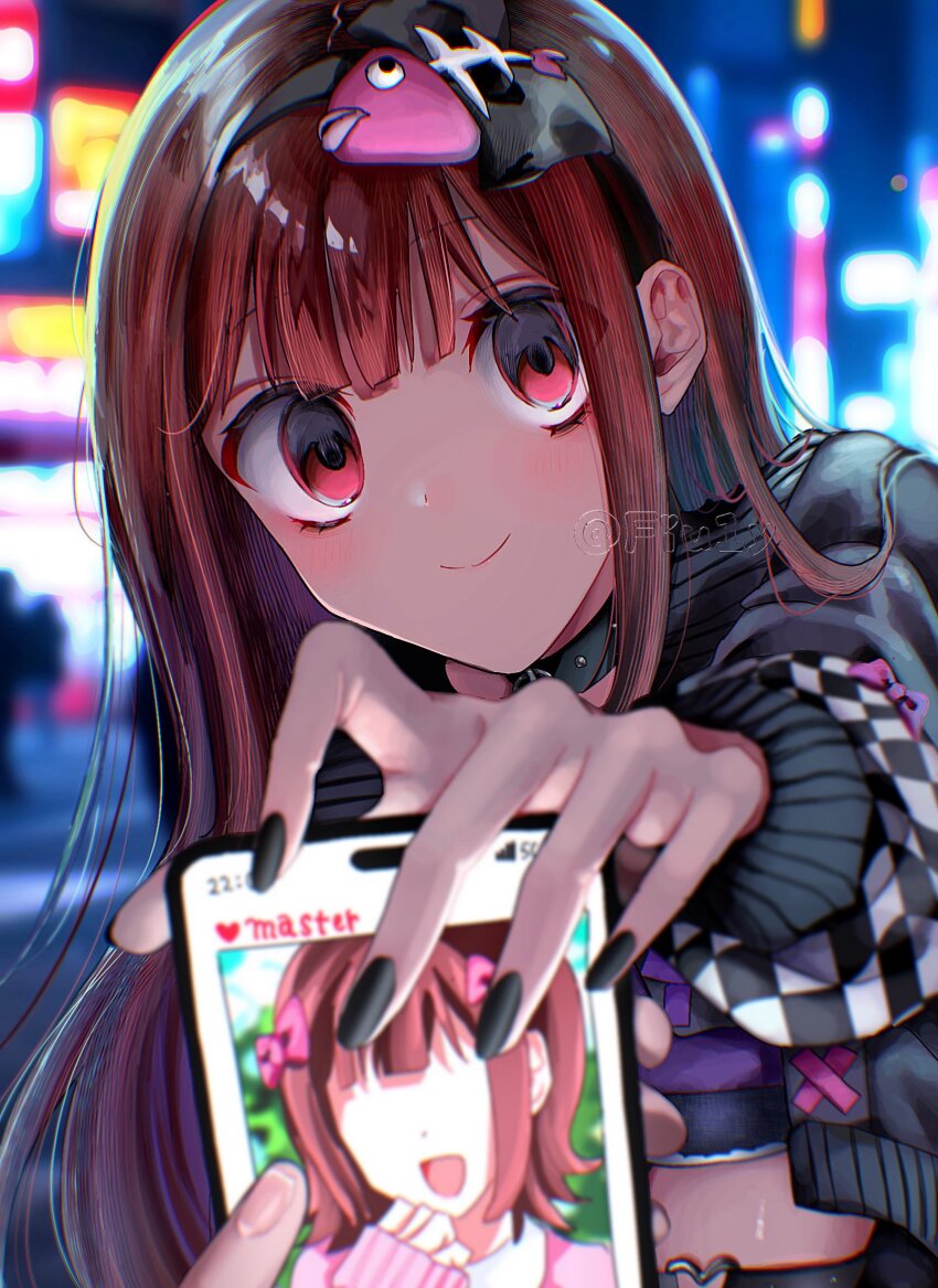 1girl, amami_haruka, black_choker, black_hairband, black_jacket, black_nails, blurry, blurry_background, blurry_foreground, blush, brown_hair, cellphone, choker, city, closed_mouth, commentary_request, depth_of_field, false_smile, fish_skeleton_hair_ornament, hairband, highres, idolmaster, idolmaster_(classic), idolmaster_million_live!, idolmaster_million_live!_theater_days, jacket, long_hair, long_sleeves, looking_at_viewer, night, okada_(aidoru_h_sh), outdoors, outstretched_arm, phone, pov, pov_hands, red_eyes, smartphone, smile, solo_focus, studded_choker, tanaka_kotoha, tanaka_kotoha_(only_see_you), twitter_username, yandere