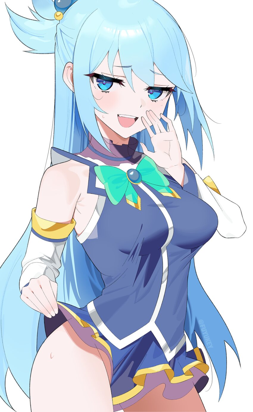 1girl, absurdres, aqua_(konosuba), arms_up, ass, blue_eyes, blue_hair, breasts