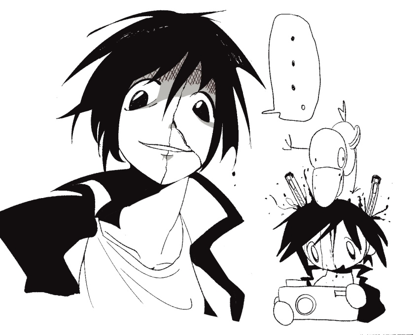 1boy, animal, bird, bleeding, blood, boxcutter, camera, commentary_request