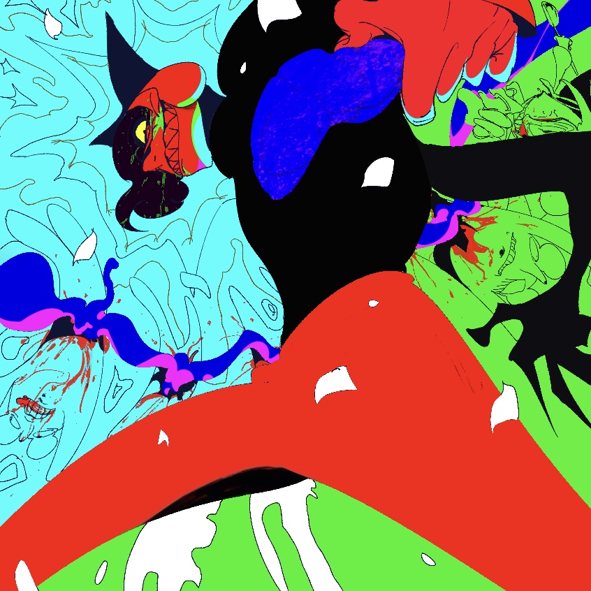 2boys, animal_hat, blood, blue_background, cat_hat, colored_sclera, colorful, commentary_request