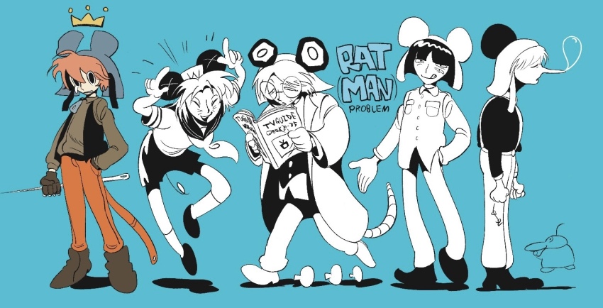 5boys, animal_hat, black_vest, blue_background, book, brown_hair, coat, commentary_request