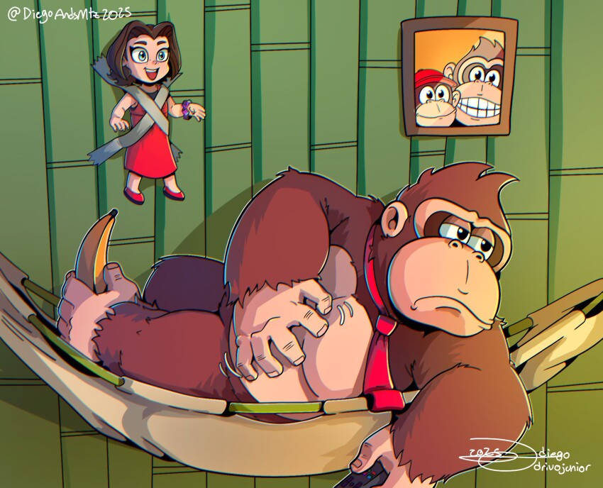 1boy, 1girl, banana, brown_fur, brown_hair, controller, diddy_kong, diegoandsmtz, donkey_kong, donkey_kong_(series), donkey_kong_bananza, duct_tape, food, fruit, gorilla, highres, holding, holding_controller, holding_remote_control, kid_taped_to_wall_(meme), meme, nintendo, on_hammock, pauline_(nintendo), pauline_(young)_(nintendo), photo_(object), remote_control, signature
