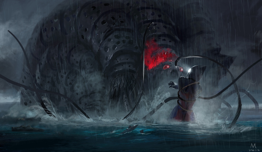 1boy, 1other, blue_skin, cloud, colored_skin, commentary, compound_eyes, dated