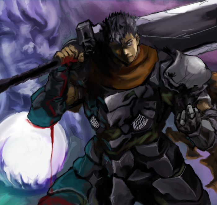 1990s_(style), 1boy, armor, berserk, black_hair, blood, dragonslayer_(sword), gradient_background
