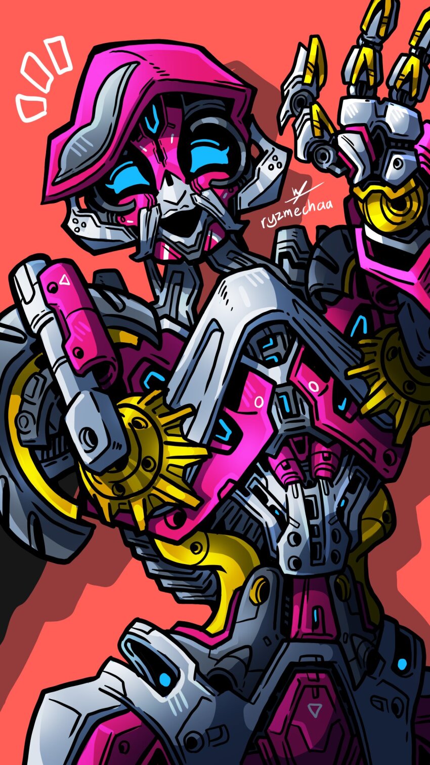 1girl, arcee, blue_eyes, helmet, highres, humanoid_robot, metal_skin, orange_background