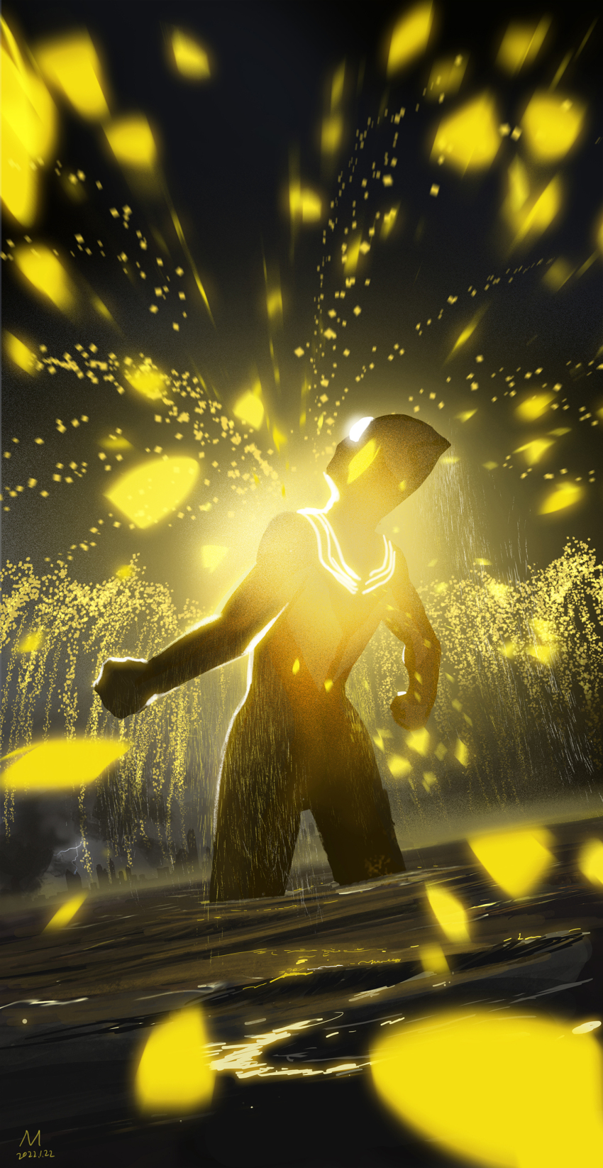 1boy, absurdres, alien, armor, black_sky, breastplate, cityscape, clenched_hands, commentary, compound_eyes, dated, dorsal_fin, facing_up, from_behind, glowing, glowing_armor, glowing_eyes, highres, horizon, light_particles, lightning, male_focus, manhuajiazhishen, ocean, overcast, powering_up, ripples, signature, sky, solo, tokusatsu, ultra_series, ultraman_tiga, ultraman_tiga_(multi_type), ultraman_tiga_(series), wading, white_eyes