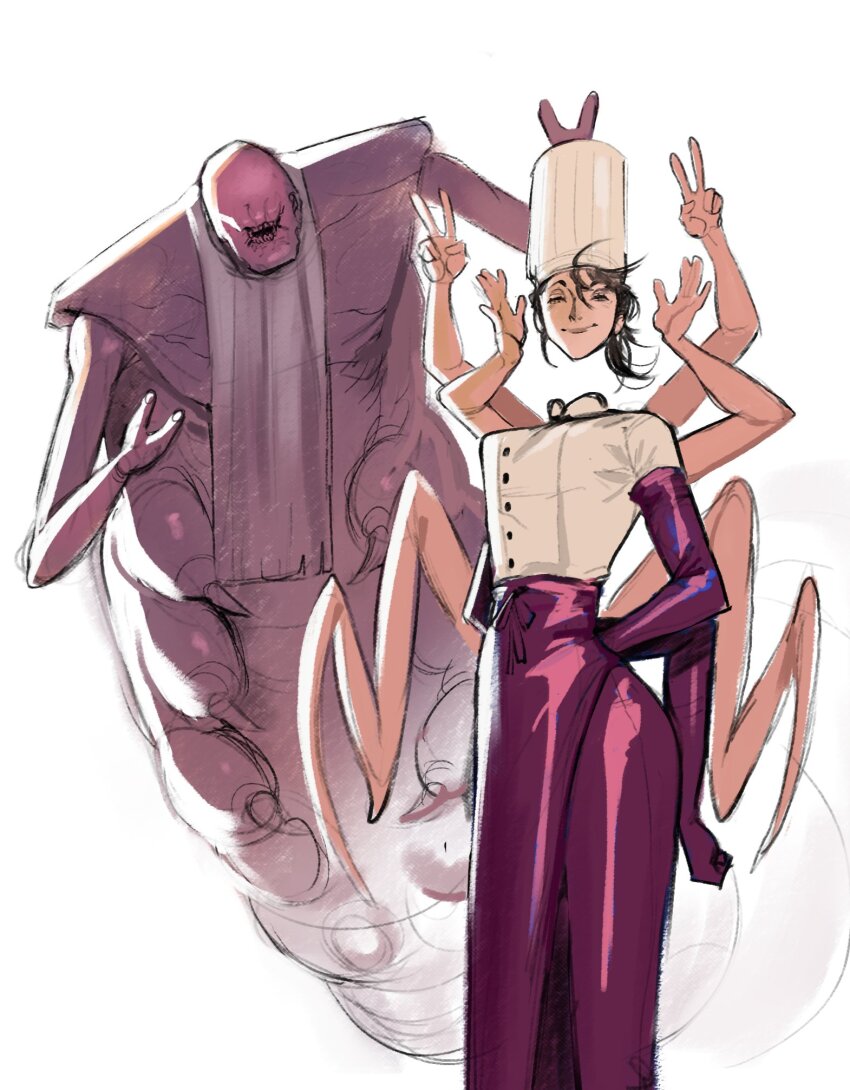 1girl, andrei_(shidanasu), apron, arthropod_limbs, black_hair, chainsaw_man, chef, chef_hat