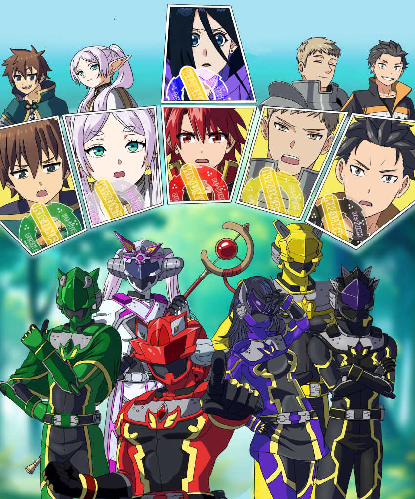 2girls, 4boys, asagaki_togo, capelet, crossover, dungeon_meshi, elf, frieren